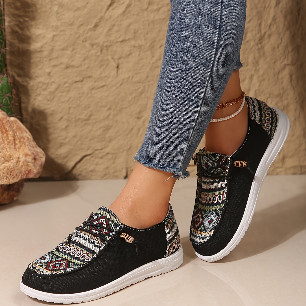 womens geometric pattern loafers soft sole lightweight slip on casual shoes low top walking canvas shoes details 2