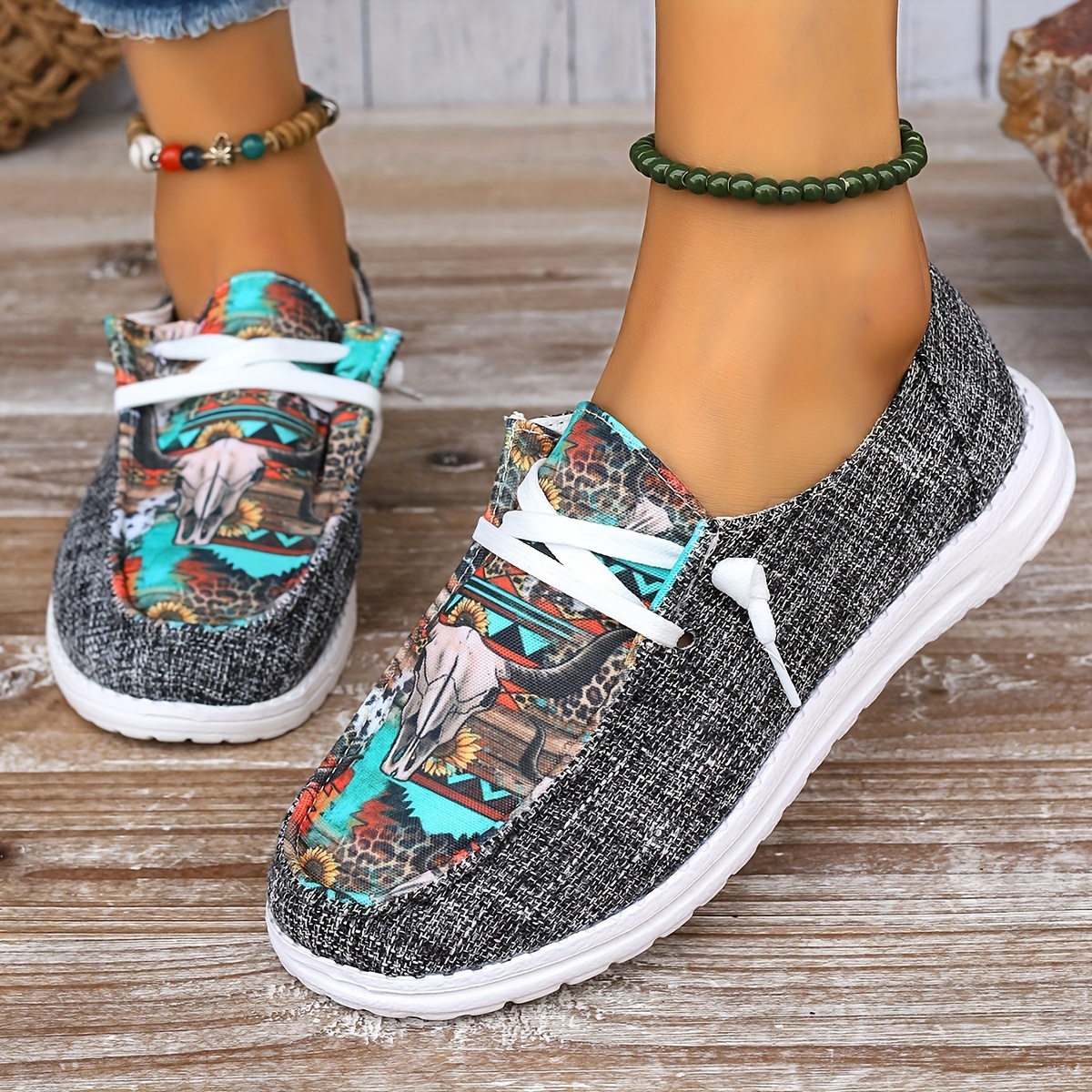 womens print canvas shoes casual low top slip on flat sneakers western style aztec walking shoes details 0