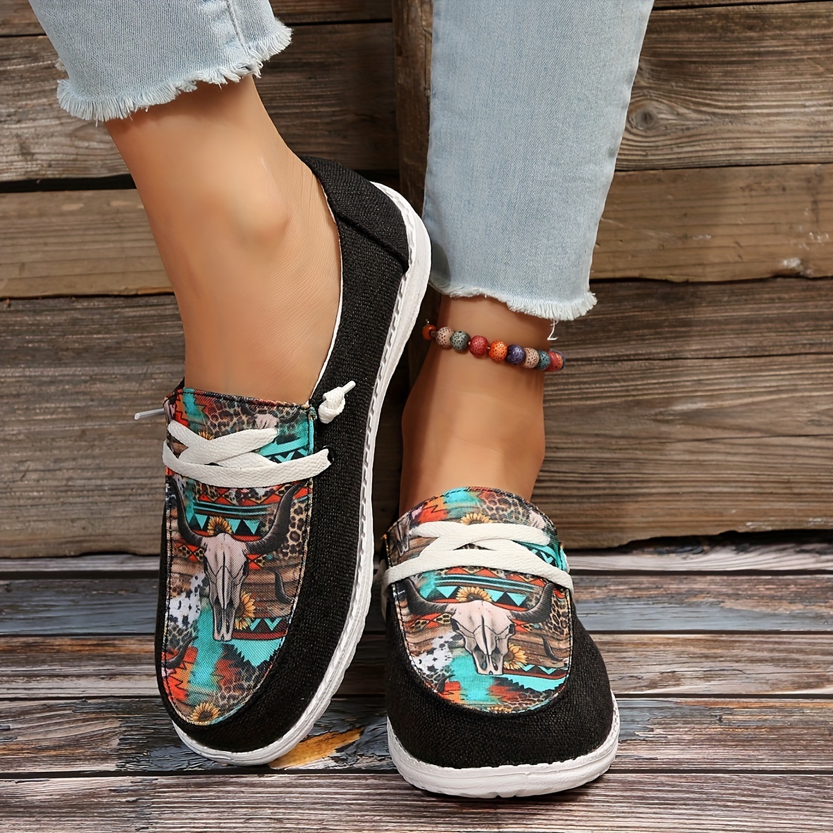 womens print canvas shoes casual low top slip on flat sneakers western style aztec walking shoes details 1