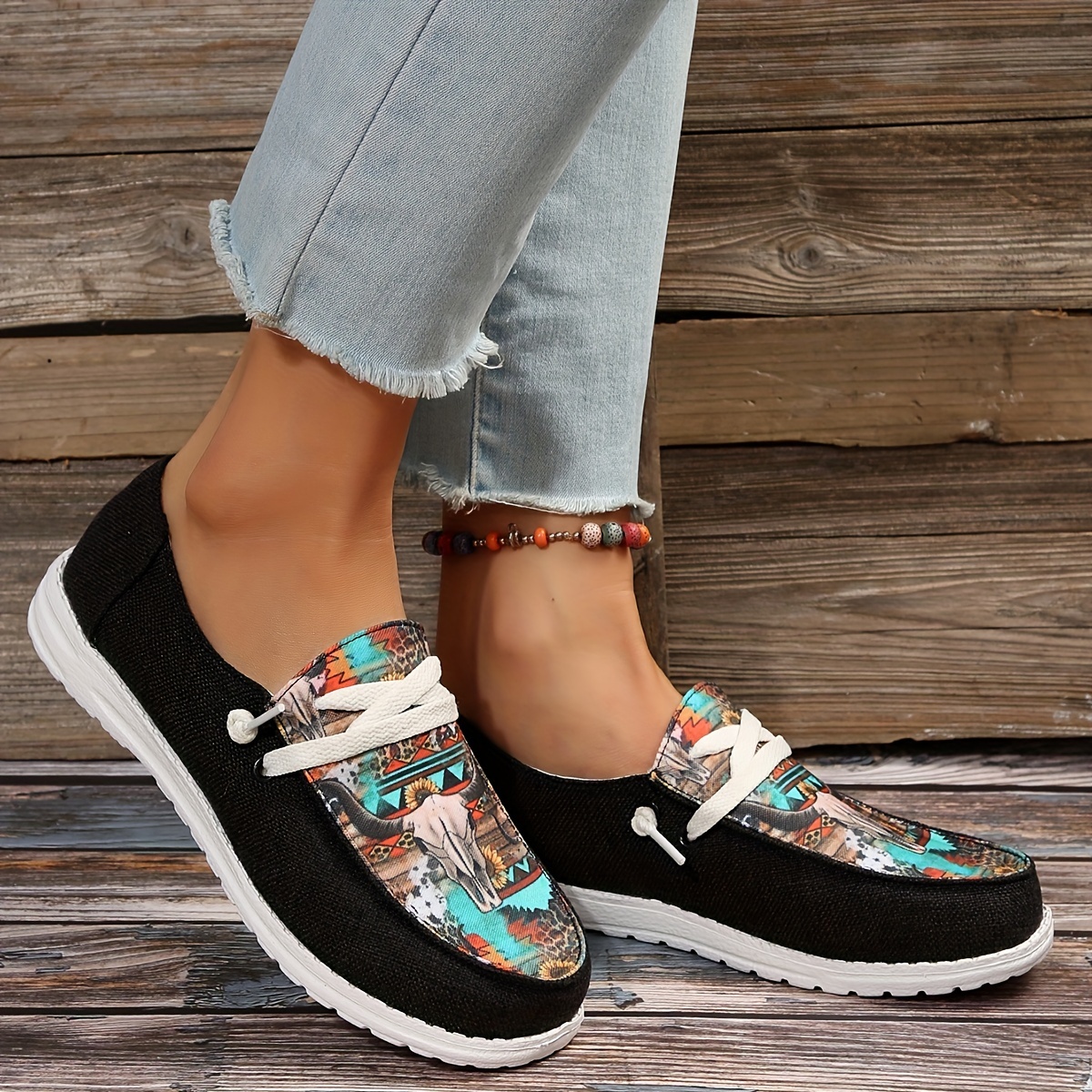 womens print canvas shoes casual low top slip on flat sneakers western style aztec walking shoes details 2