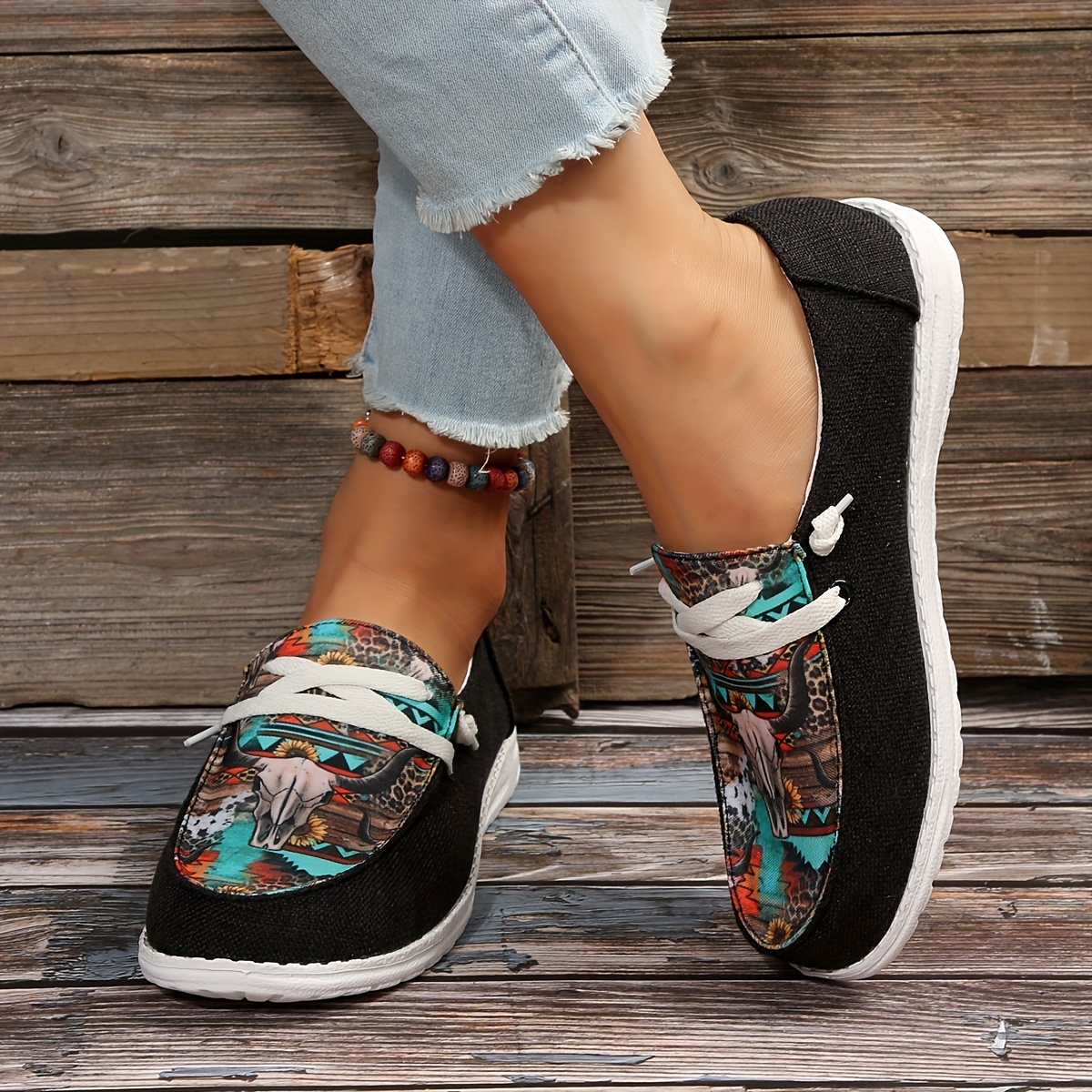 womens print canvas shoes casual low top slip on flat sneakers western style aztec walking shoes details 3