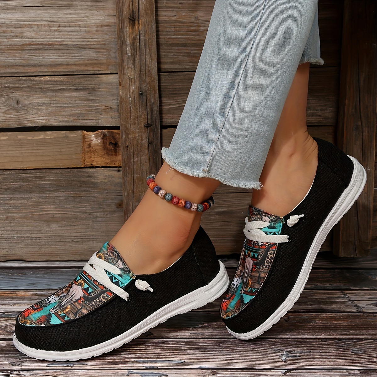 womens print canvas shoes casual low top slip on flat sneakers western style aztec walking shoes details 5