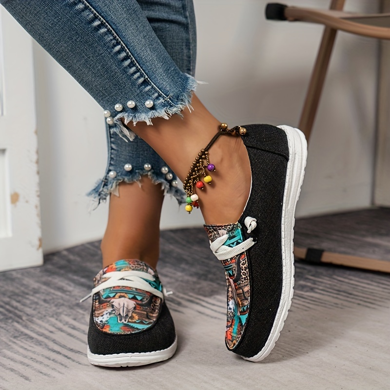 womens print canvas shoes casual low top slip on flat sneakers western style aztec walking shoes details 6