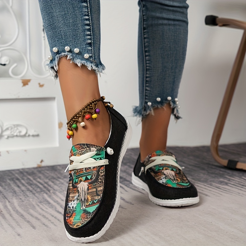 womens print canvas shoes casual low top slip on flat sneakers western style aztec walking shoes details 7