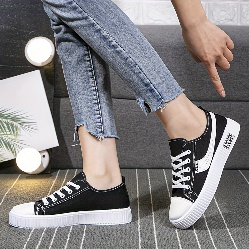 womens solid color stylish shoes lace up lightweight soft sole canvas shoes low top walking comfort shoes details 1