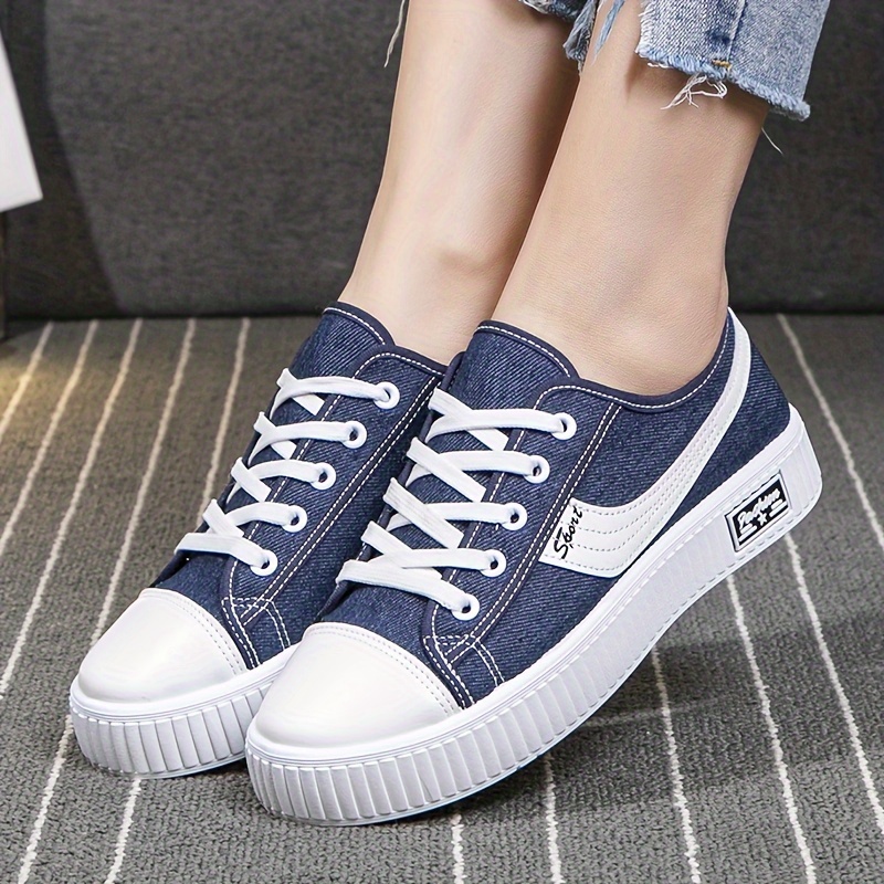 womens solid color stylish shoes lace up lightweight soft sole canvas shoes low top walking comfort shoes details 2