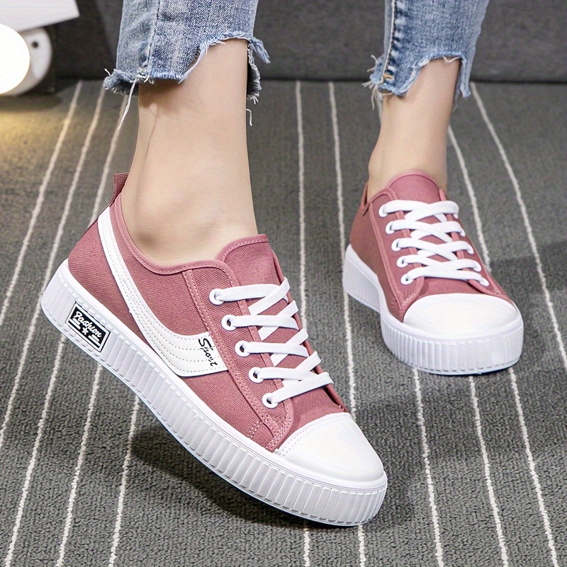 womens solid color stylish shoes lace up lightweight soft sole canvas shoes low top walking comfort shoes details 3