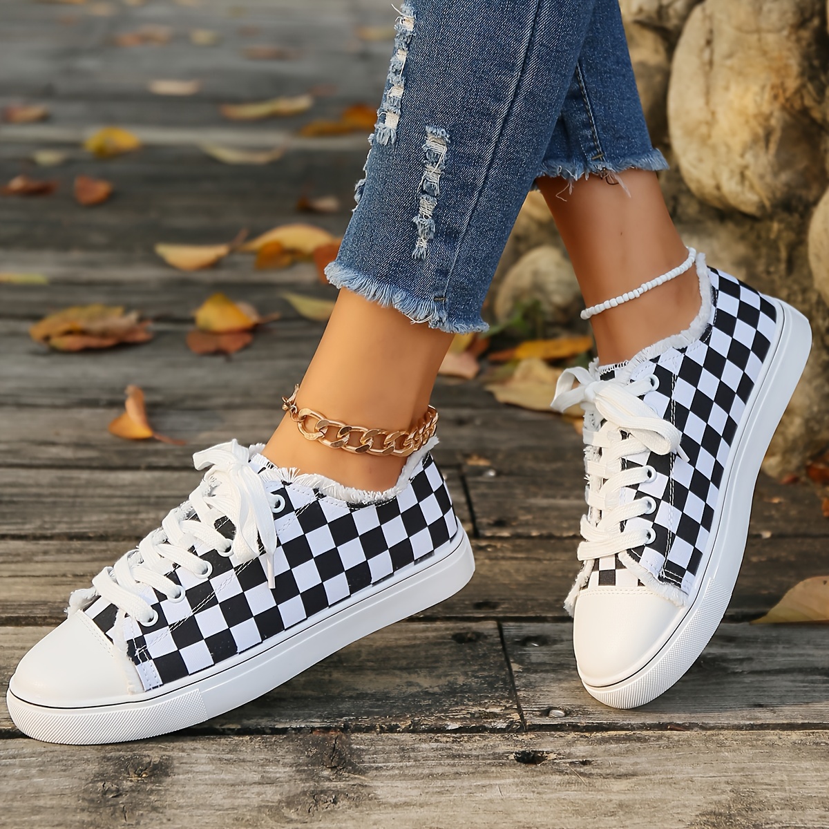 womens checkered canvas shoes raw trim lace up low top skate shoes casual all match flat sneakers details 0