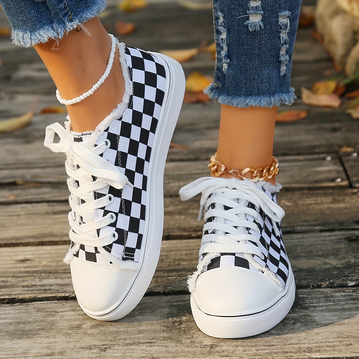 womens checkered canvas shoes raw trim lace up low top skate shoes casual all match flat sneakers details 3