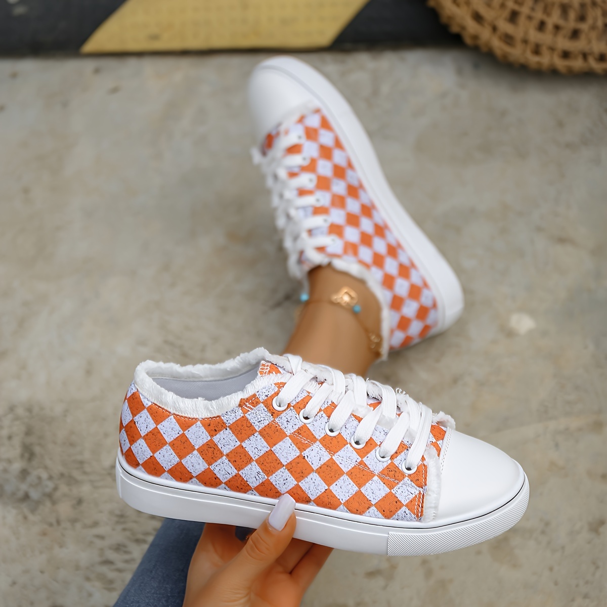 womens checkered canvas shoes raw trim lace up low top skate shoes casual all match flat sneakers details 5