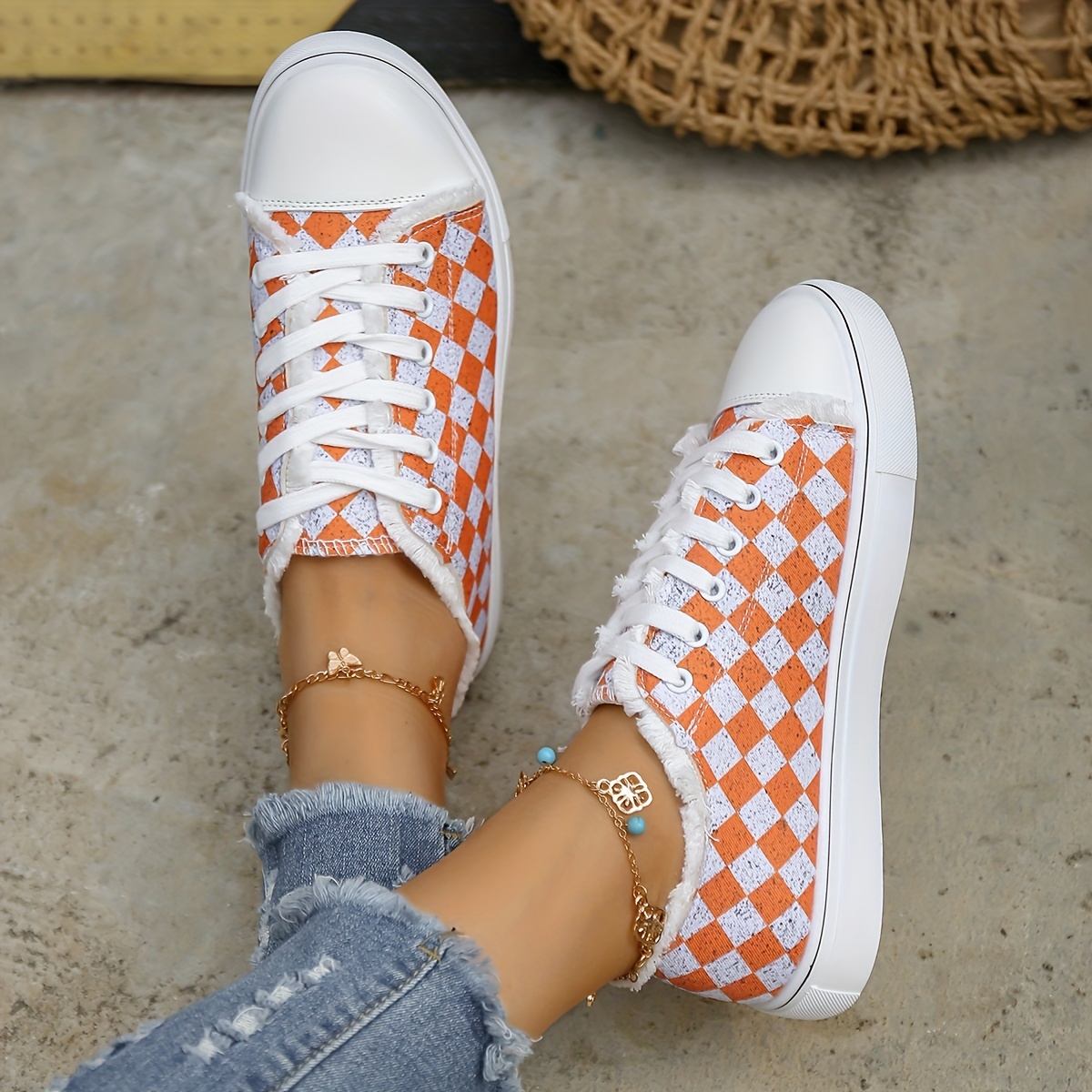 womens checkered canvas shoes raw trim lace up low top skate shoes casual all match flat sneakers details 6