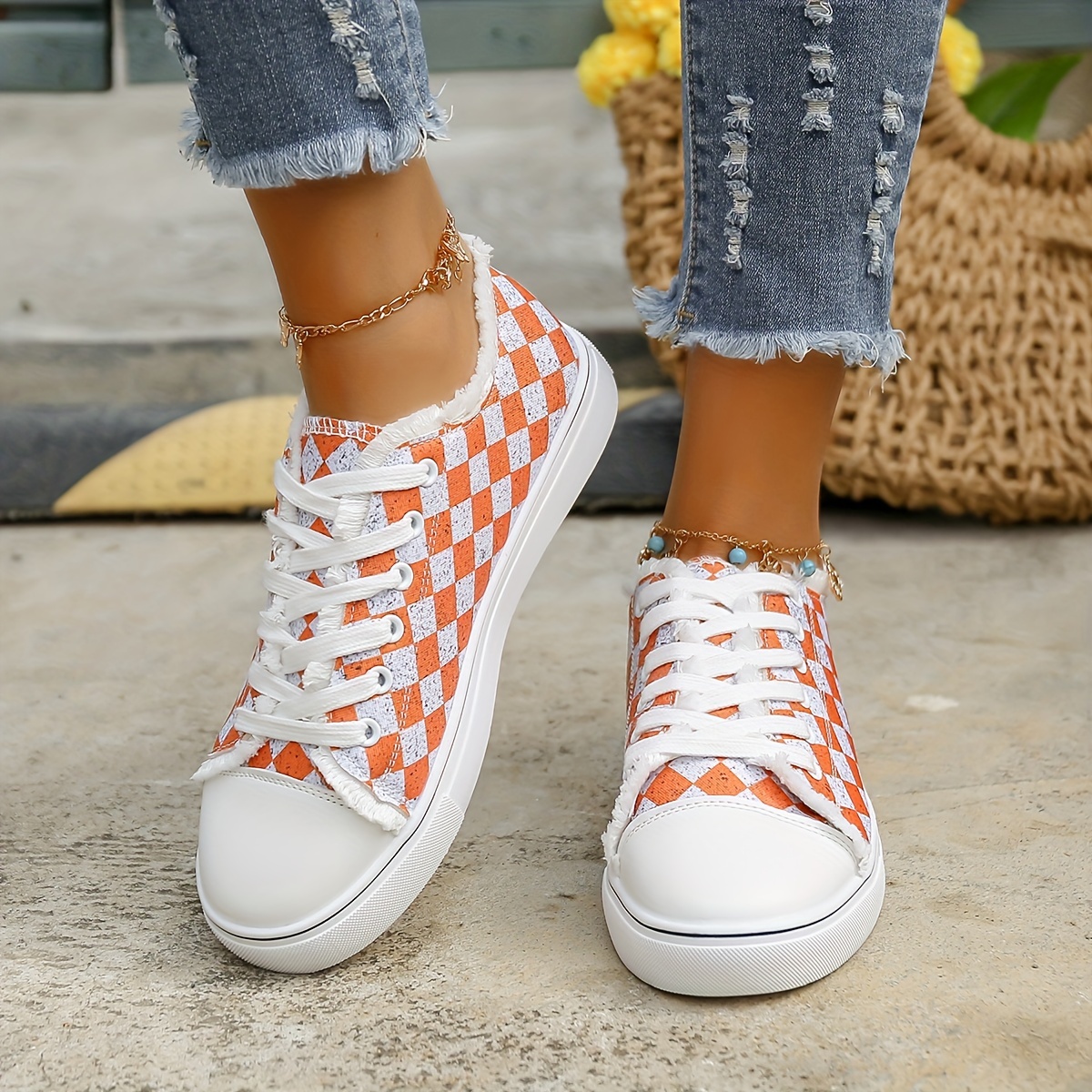 womens checkered canvas shoes raw trim lace up low top skate shoes casual all match flat sneakers details 7