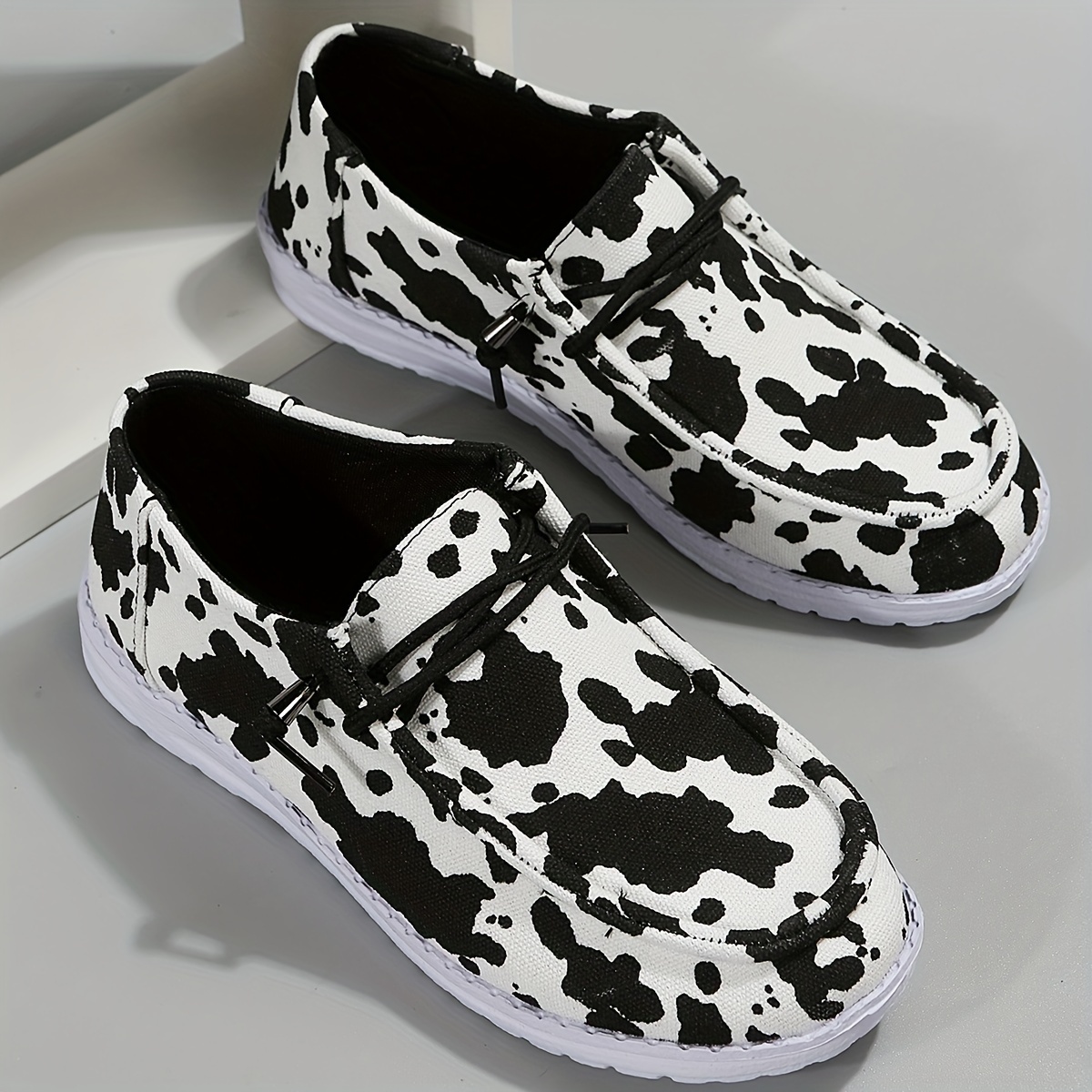 womens cow pattern loafers soft sole platform slip on casual shoes versatile low top canvas shoes details 1