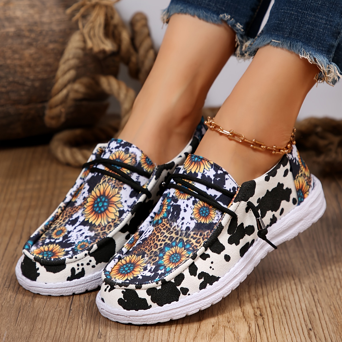 womens cow pattern loafers soft sole platform slip on casual shoes versatile low top canvas shoes details 7