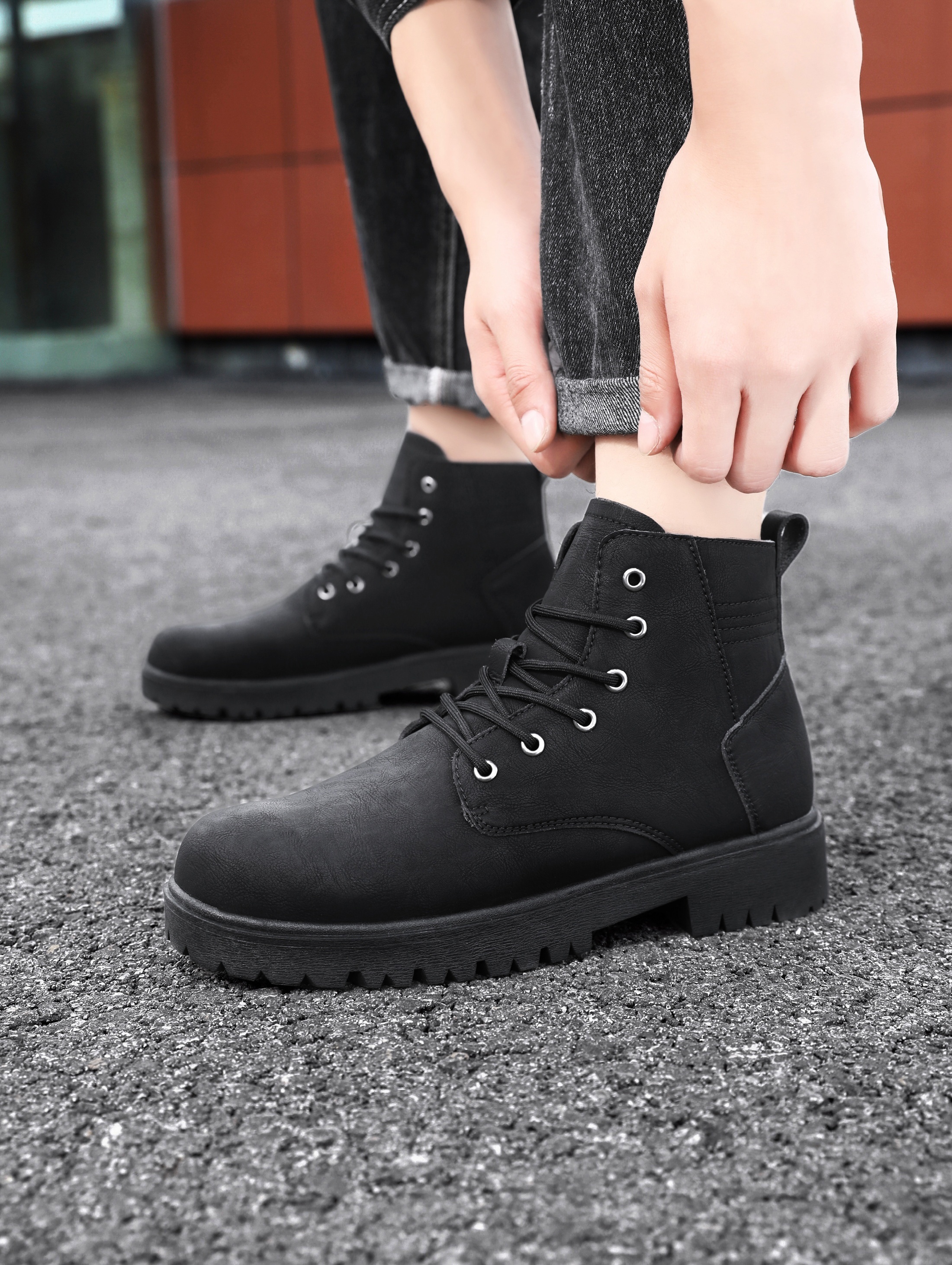 mens solid color casual ankle boots breathable anti skid lace up boots with pu leather uppers for outdoor details 0