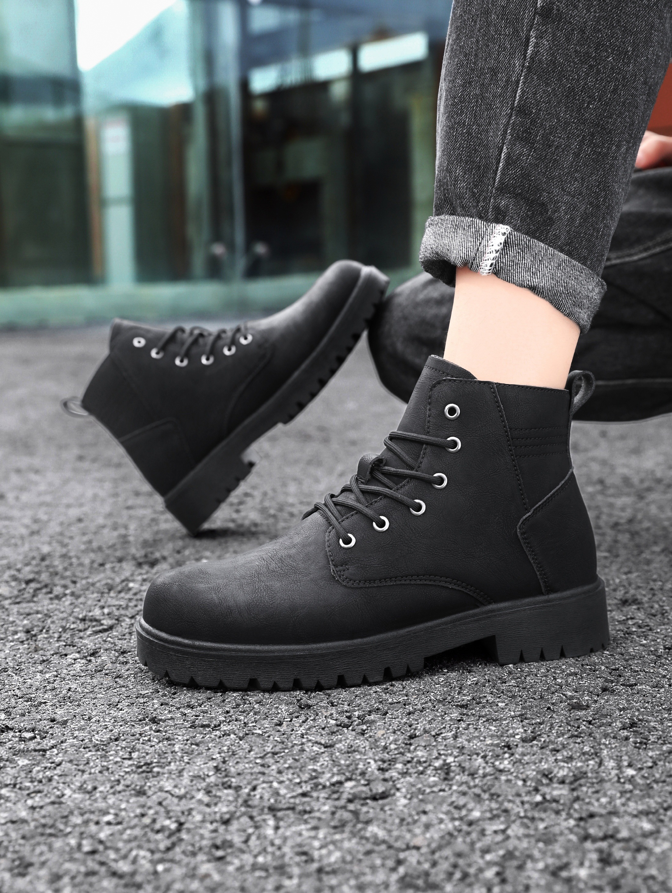 mens solid color casual ankle boots breathable anti skid lace up boots with pu leather uppers for outdoor details 1