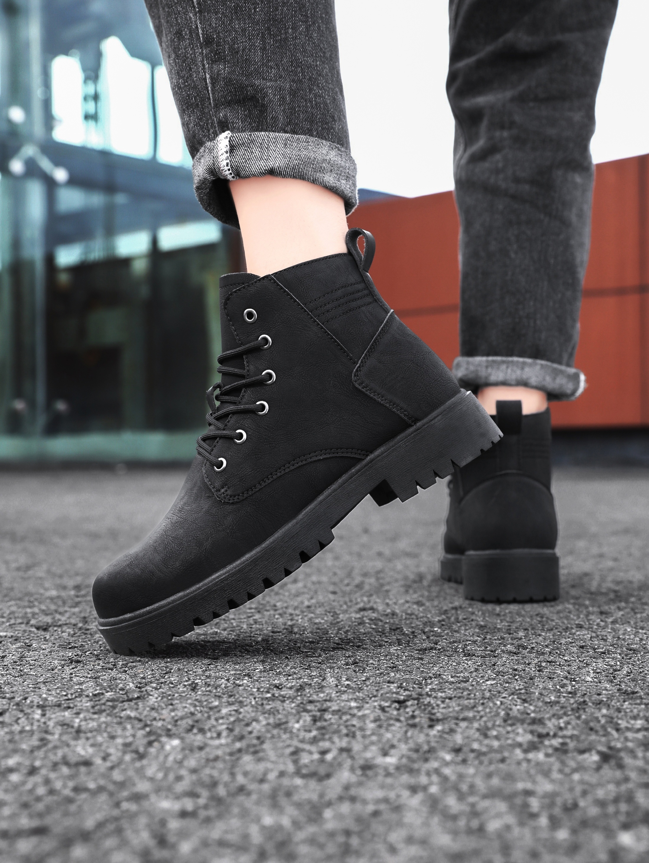 mens solid color casual ankle boots breathable anti skid lace up boots with pu leather uppers for outdoor details 2