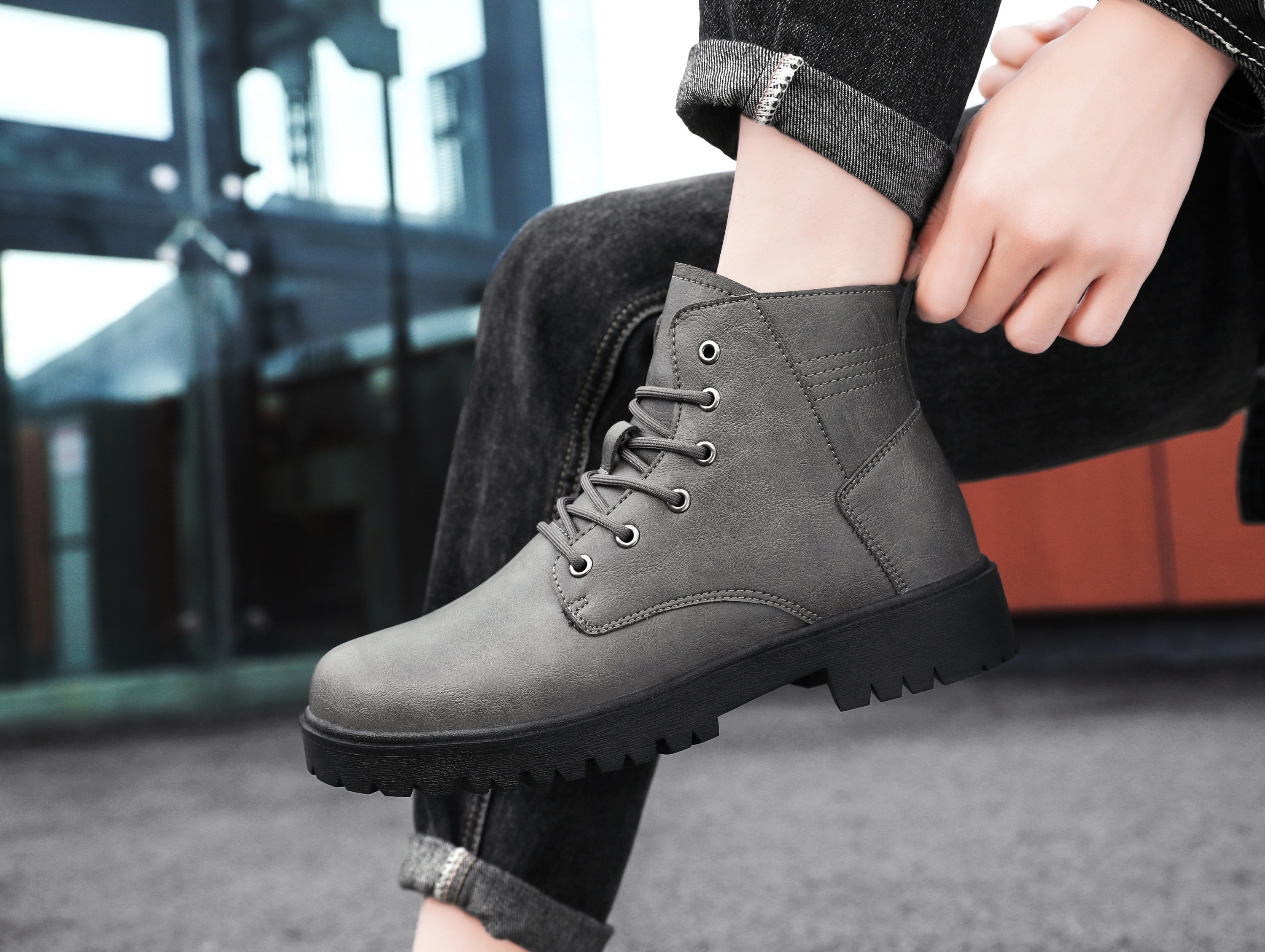 mens solid color casual ankle boots breathable anti skid lace up boots with pu leather uppers for outdoor details 4