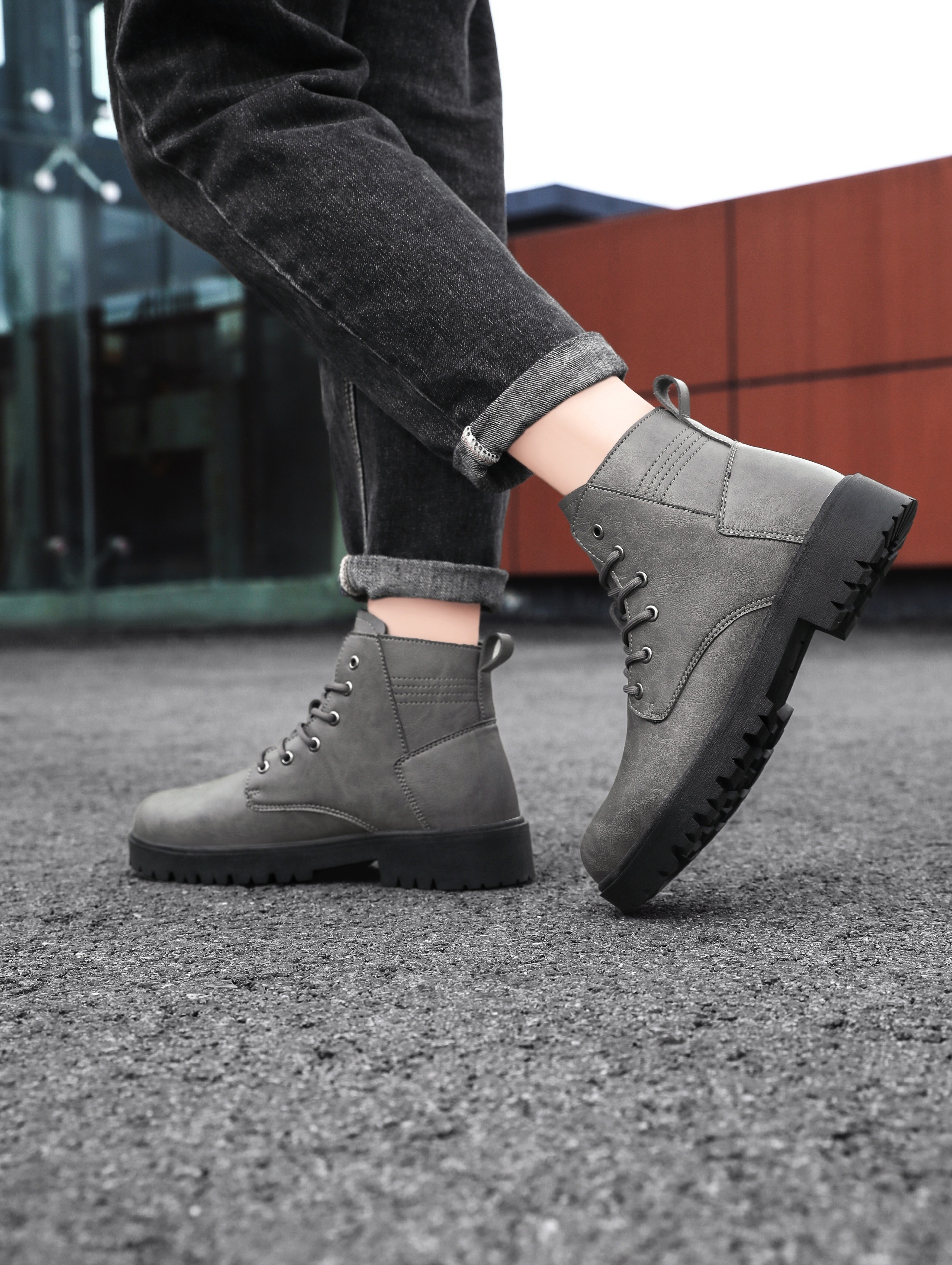 mens solid color casual ankle boots breathable anti skid lace up boots with pu leather uppers for outdoor details 5