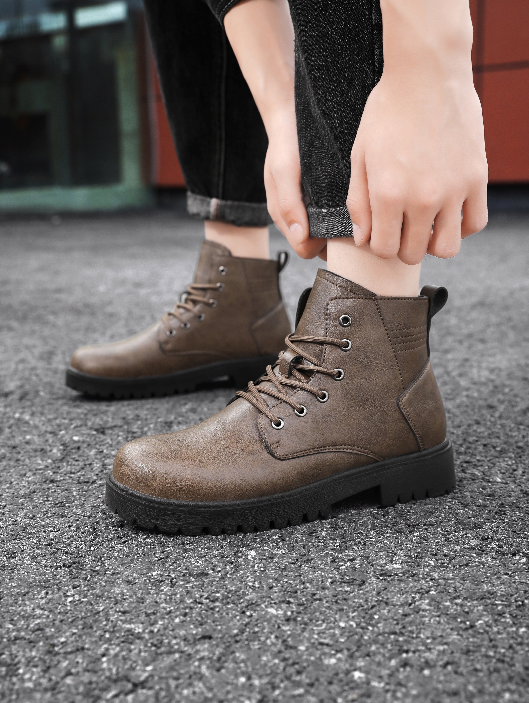 mens solid color casual ankle boots breathable anti skid lace up boots with pu leather uppers for outdoor details 8