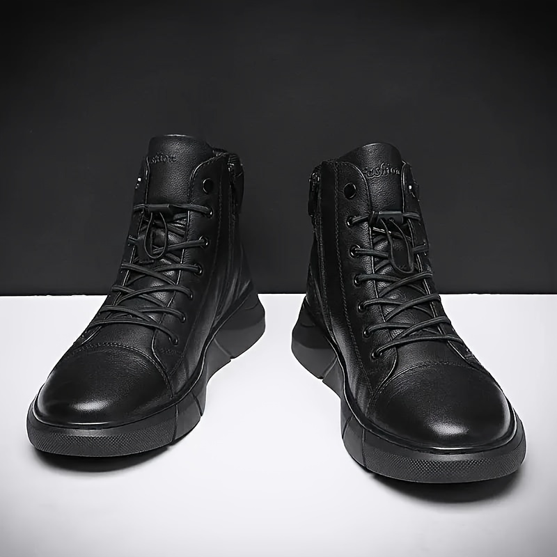 mens solid color no tie boots casual comfy anti skid walking shoes with hook loop fastener easily wiped clean details 3